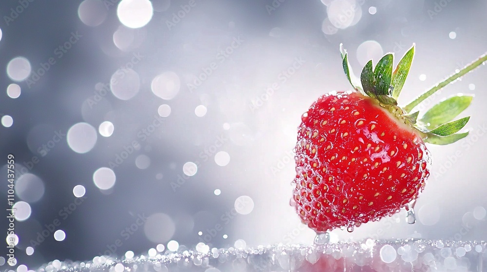 A strawberry's close-up on a table with water droplets, blurred background A strawberry's close-up on a table with water droplets, blurred background