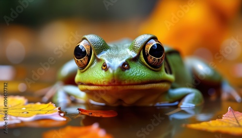 Closeup view of frog amidst autumnal leaves. Frog positioned in calm pond area with colorful leaves. Autumn colors surround amphibian. Expressive eyes reflect vibrant colors of environment. Image photo