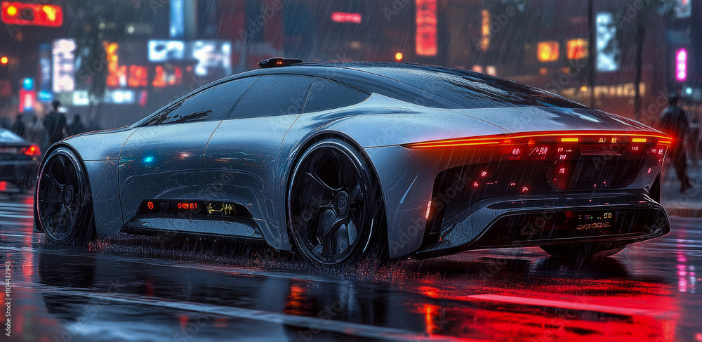 A sleek, futuristic car drives through a neon-lit city during a rainy night, reflecting vibrant colors on wet asphalt A sleek, futuristic car drives through a neon-lit city during a rainy night, reflecting vibrant colors on wet asphalt