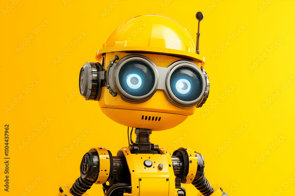 Yellow cartoon robot with goggles and hard hat on orange background. Yellow cartoon robot with goggles and hard hat on orange background.