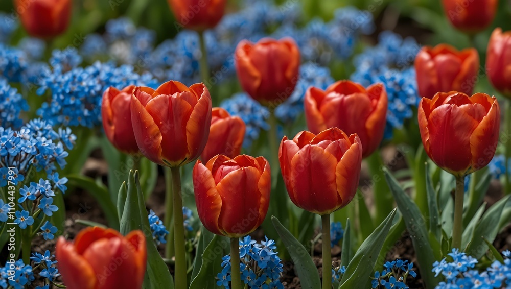 Obraz premium Close-up of vibrant red tulips surrounded by blue forget-me-nots.