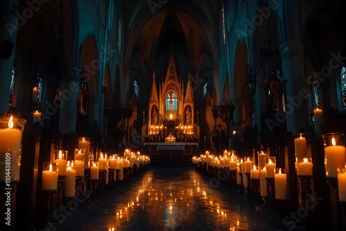 All Saints Day Rows of glowing candles in a dimly lit church, warm and solemn setting, All Saints Day remembrance