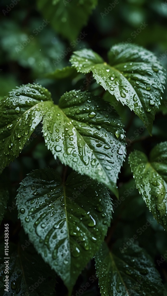 Close-up of wet green leaves in a floral background. Close-up of wet green leaves in a floral background.