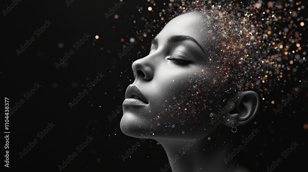 A monochrome surreal image of a face disintegrating into small multi-colored luminous particles, symbolizing the ethereal connection between dreams and reality, transformation and human consciousness. A monochrome surreal image of a face disintegrating into small multi-colored luminous particles, symbolizing the ethereal connection between dreams and reality, transformation and human consciousness.