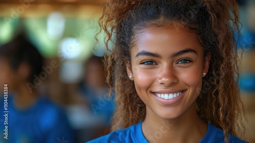 A joyful young girl with curly hair and a bright smile, wearing a blue sports uniform, captures a moment of happiness at a sports event with friends in the background.