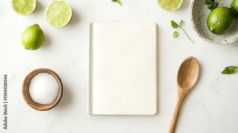 Limes, salt, and wooden spoon on white surface with notebook and lime bowl nearby Limes, salt, and wooden spoon on white surface with notebook and lime bowl nearby