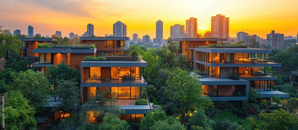 Obraz premium Sunset view of modern residential buildings with green roofs nestled in lush greenery, overlooking a cityscape.