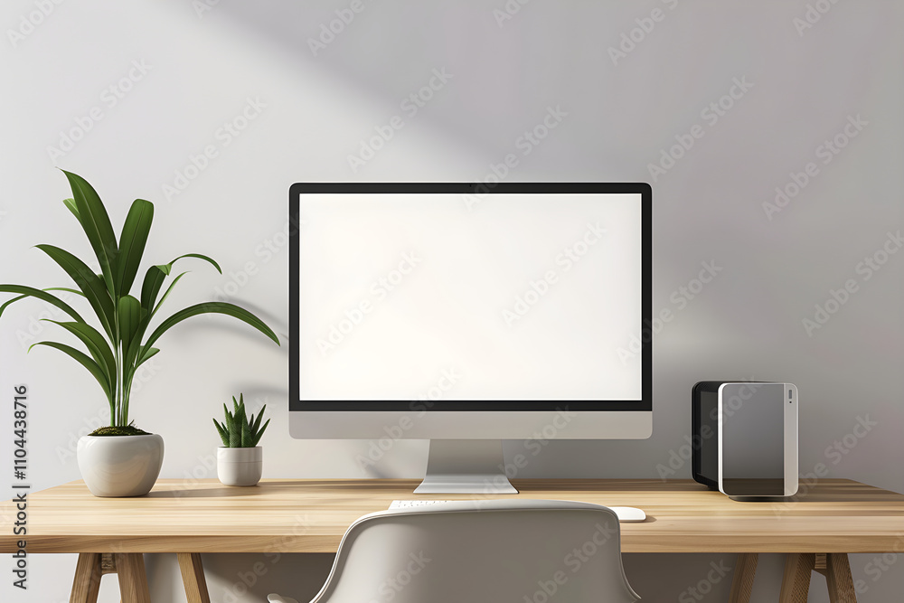 Modern and Minimalist Computer Desk Setup with Light Wood Desk and Potted Plant in Bright Workspace Modern and Minimalist Computer Desk Setup with Light Wood Desk and Potted Plant in Bright Workspace