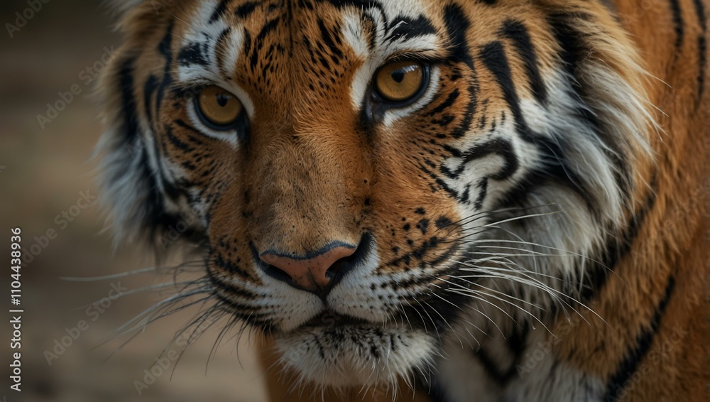 Naklejka premium Close-up portrait of a Bengal tiger with piercing eyes.