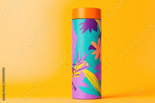 Vibrant cylindrical package with playful branding and bold colors against a bright backdrop photo