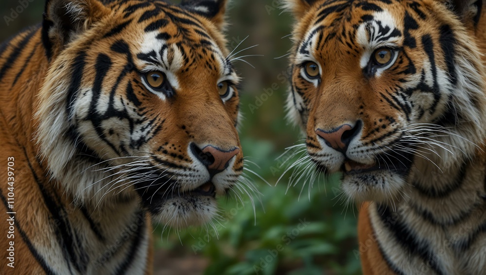 Close-up portrait of two Amur tigers. Close-up portrait of two Amur tigers.