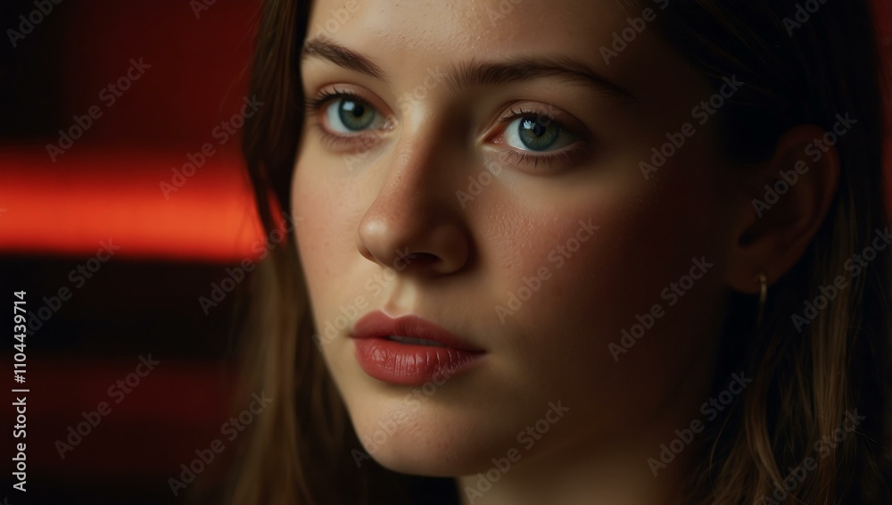 Fototapeta premium Close-up portrait with dramatic red light stripes and thoughtful expression.