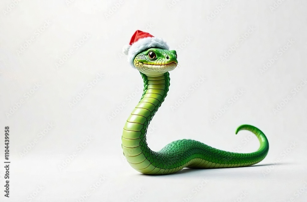 Fototapeta premium The Year of the Green Snake. Happy Lunar New Year 2025 greeting card. A snake in a Santa Claus hat on white background. Poster for December holidays. New Year's Eve Promotion banner