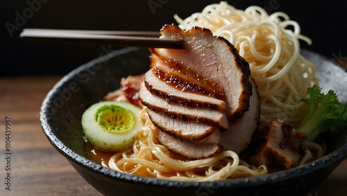 Close-up silhouette of Hachiban ramen with roasted pork. photo