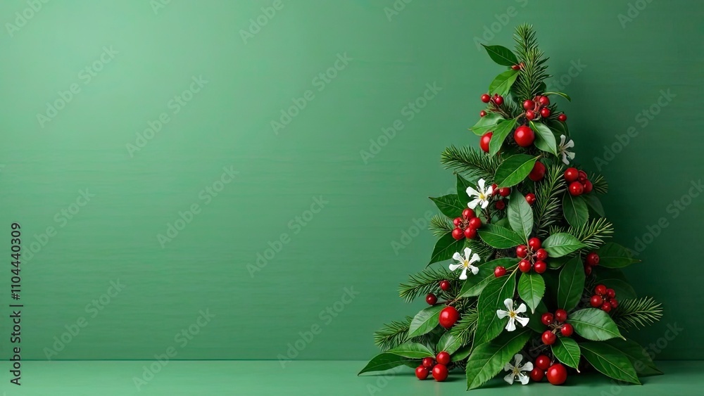 Christmas tree crafted entirely from winter foliage, such as holly leaves, red berries, and dried branches, with a few small white flowers for accents. The monochrome background is a soft forest green Christmas tree crafted entirely from winter foliage, such as holly leaves, red berries, and dried branches, with a few small white flowers for accents. The monochrome background is a soft forest green