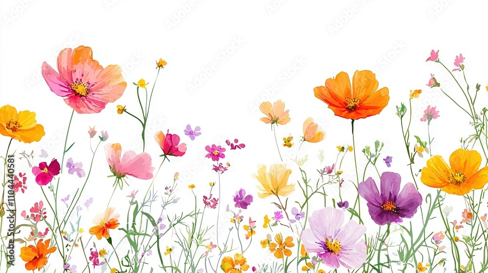 A field of colorful flowers against a white backdrop, with space for text centrally positioned A field of colorful flowers against a white backdrop, with space for text centrally positioned