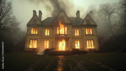 Flames consume a Victorian-style mansion as smoke billows into the air during a foggy twilight, revealing the intensity of the fire in a serene landscape