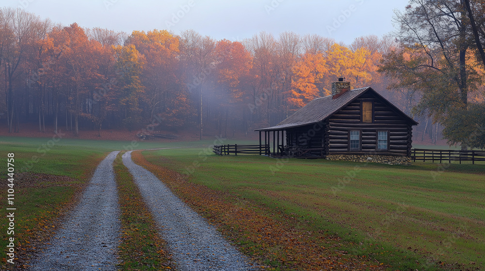 A charming log cabin stands beside a winding gravel path, framed by vibrant autumn colors in the trees, shrouded in morning mist A charming log cabin stands beside a winding gravel path, framed by vibrant autumn colors in the trees, shrouded in morning mist
