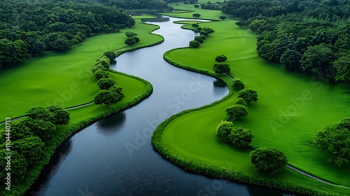 Eco cityscape eco friendly concept, A serene landscape featuring a winding river surrounded by lush green fields and trees, illustrating the beauty of nature. photo