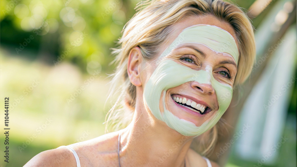 Portrait of beautiful mature elderly woman with green cream face mask smiling, beauty and skin care, cosmetics