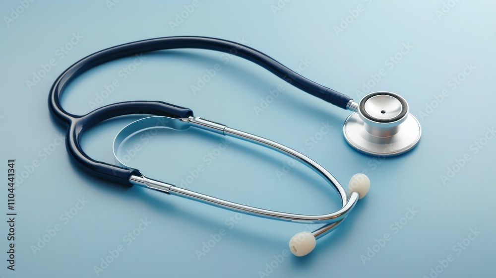 photograph of High-quality image of a stethoscope against a blue background, perfect for healthcare industry themes. Ample copy space ideal for medical concepts and marketing. wide angle lens photograph of High-quality image of a stethoscope against a blue background, perfect for healthcare industry themes. Ample copy space ideal for medical concepts and marketing. wide angle lens