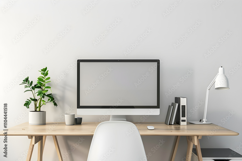 Modern and Minimalist Computer Desk Setup with Light Wood Desk and Potted Plant in Bright Workspace Modern and Minimalist Computer Desk Setup with Light Wood Desk and Potted Plant in Bright Workspace