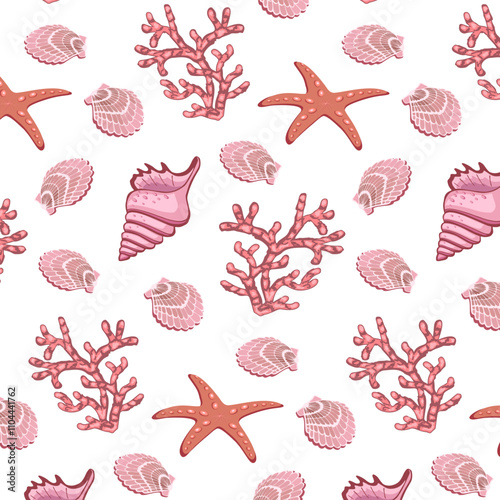 Mollusks and corals in a pattern.Vector seamless pattern with corals, shells and mollusks on a transparent background.