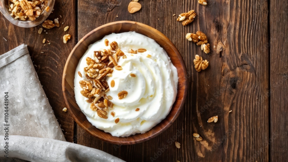 A bowl with thick creamy yogurt, sprinkled with chopped walnuts and almonds, the surface is sprinkled with grated coconut. A bowl with thick creamy yogurt, sprinkled with chopped walnuts and almonds, the surface is sprinkled with grated coconut.