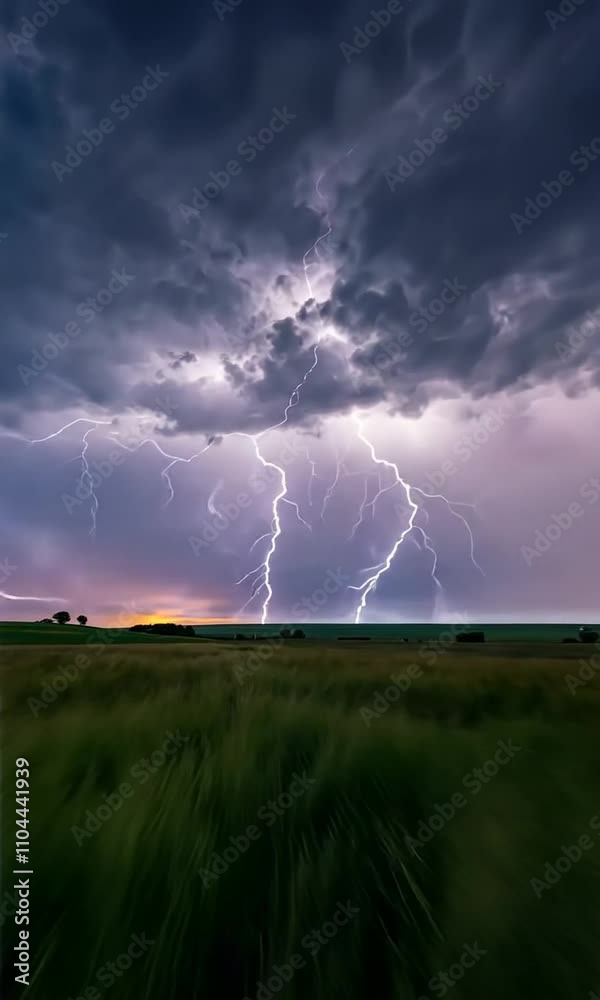 Lightning strikes in an open field with gloomy clouds. Sunset in the background, pink and grey skies.