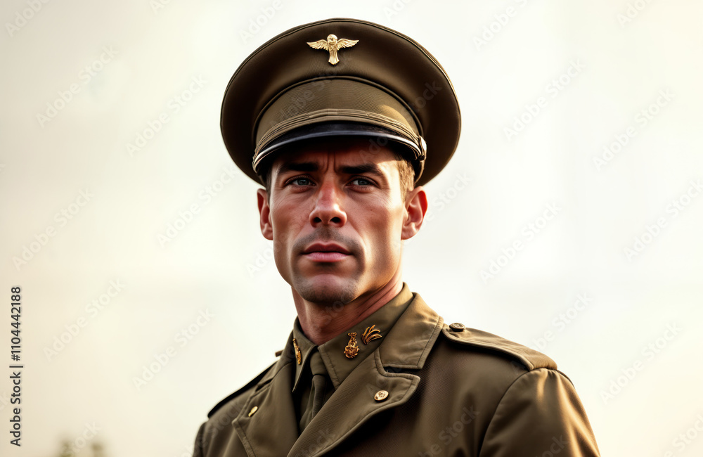 Serious focused man wears WWII army uniform. Military hero displays patriotism, courage. Vintage portrait captures historical moment of military service. Soldier stands in memorial setting. Image Serious focused man wears WWII army uniform. Military hero displays patriotism, courage. Vintage portrait captures historical moment of military service. Soldier stands in memorial setting. Image