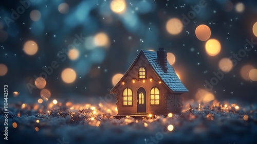 Snowy winter wonderland miniature house with glowing warm lights image
