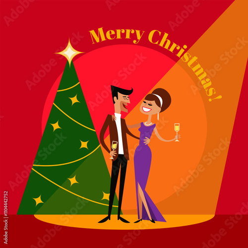 Happy woman and man with champagne and Christmas Tree. Merry Xmas Holiday Party. Characters Celebrating New Year. Vector illustration