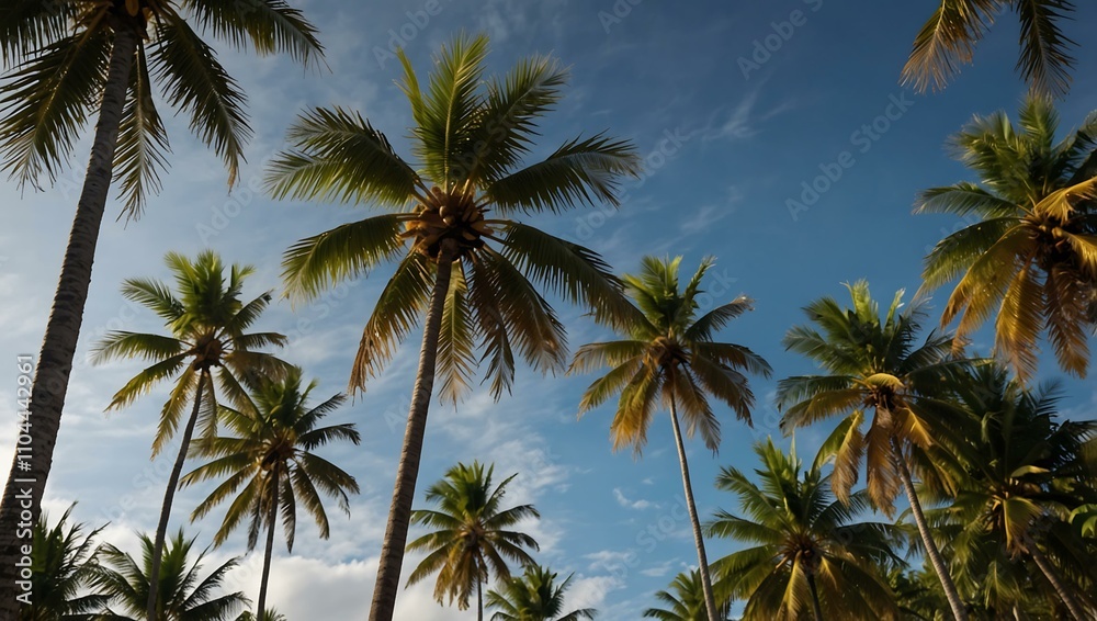 Coconut palms swaying in the tropical breeze. Coconut palms swaying in the tropical breeze.