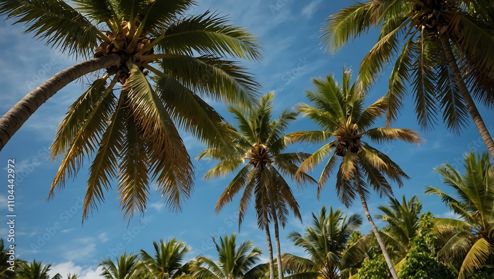 Coconut palms swaying in the tropical breeze. Coconut palms swaying in the tropical breeze.