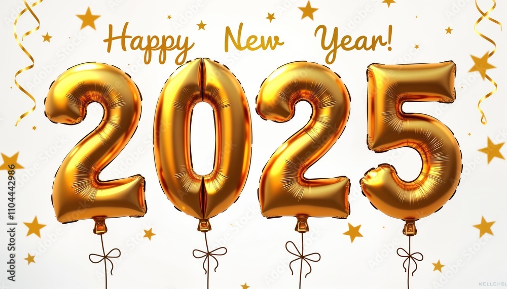 Golden foil balloons shape Happy New Year 2025. Festive balloons. Celebration. Party. New year eve. Luxury design. 3D illustration. Festive illustration. Holiday. Greeting card. Decorative element. Golden foil balloons shape Happy New Year 2025. Festive balloons. Celebration. Party. New year eve. Luxury design. 3D illustration. Festive illustration. Holiday. Greeting card. Decorative element.
