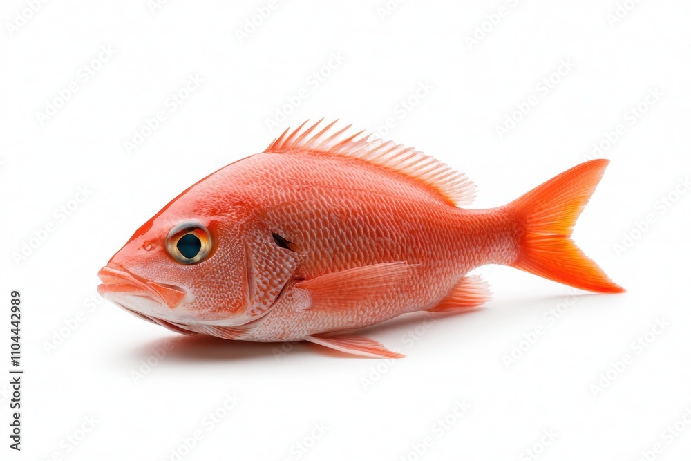 A vibrant red fish is displayed against a clean, white background, emphasizing its intricate details, This image can be used for culinary articles, seafood marketing A vibrant red fish is displayed against a clean, white background, emphasizing its intricate details, This image can be used for culinary articles, seafood marketing