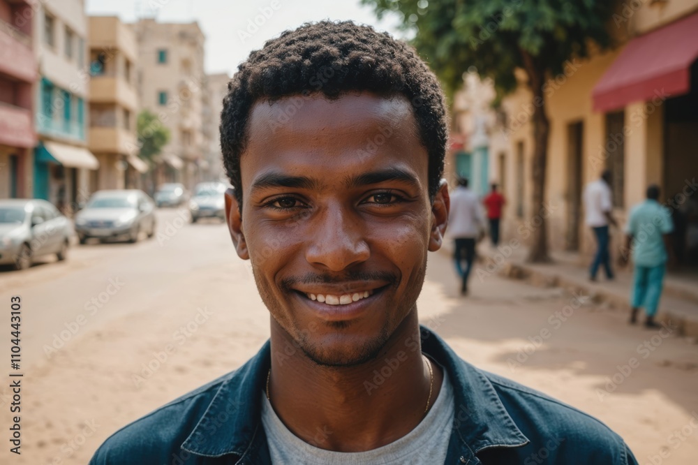 Close portrait of a smiling young Mauritanian man looking at the camera, Mauritanian city outdoors blurred background Close portrait of a smiling young Mauritanian man looking at the camera, Mauritanian city outdoors blurred background