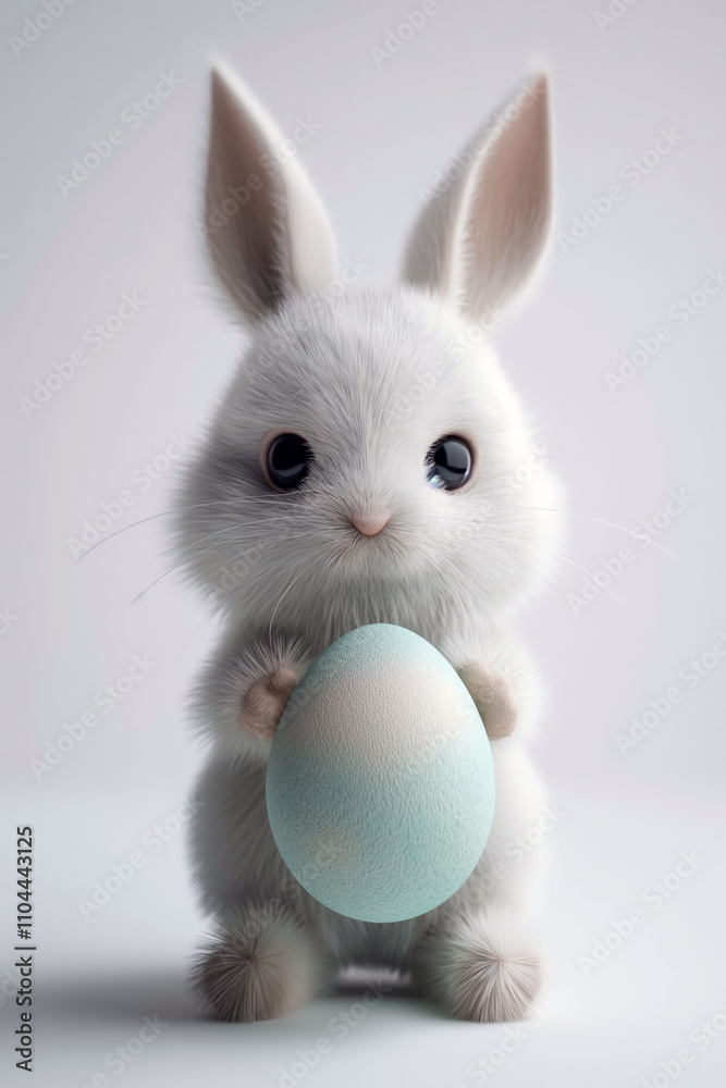 Fototapeta premium Cute white bunny holding a pastel Easter egg against a clean background