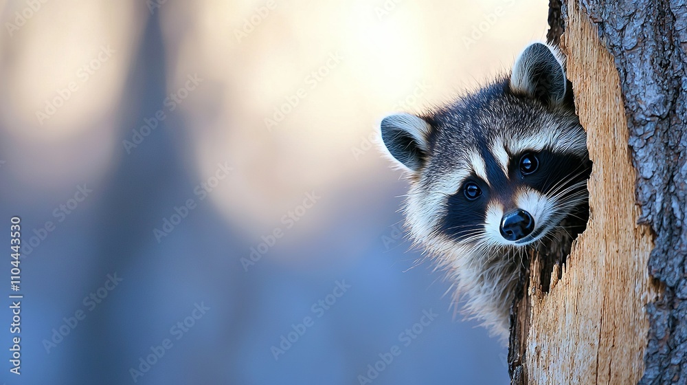 Fototapeta premium A raccoon emerges from a tree trunk hole in the forest