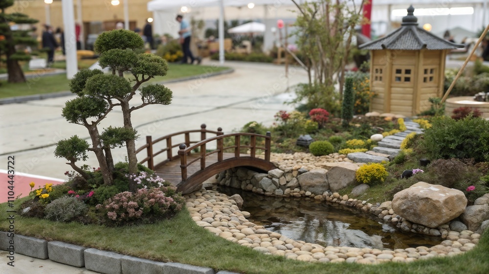 Miniature garden with wooden bridge and pond in Japanese style landscape Miniature garden with wooden bridge and pond in Japanese style landscape
