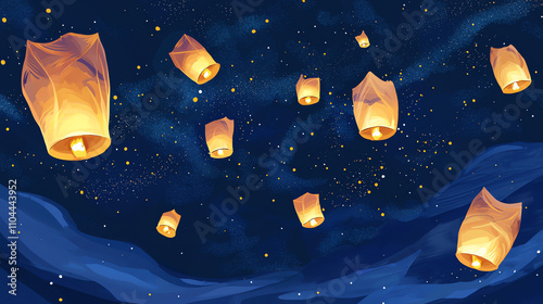 Floating lanterns illuminate the night sky during a festive celebration