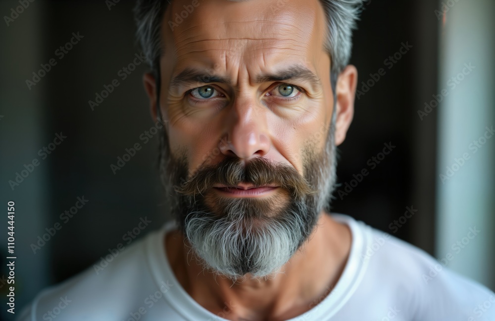 Close-up portrait of man with thick gray beard, mustache. Wears plain white shirt. Expression serious, intense. Piercing blue eyes, focused gaze. Mature man. Stylish facial hair, casual attire. Close-up portrait of man with thick gray beard, mustache. Wears plain white shirt. Expression serious, intense. Piercing blue eyes, focused gaze. Mature man. Stylish facial hair, casual attire.