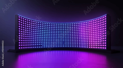 Authentic concave LED display for a wall or platform. Large TV display depicted in a vector illustration with neon blue and purple dot lights. Stadium digital scoreboard with diode lights