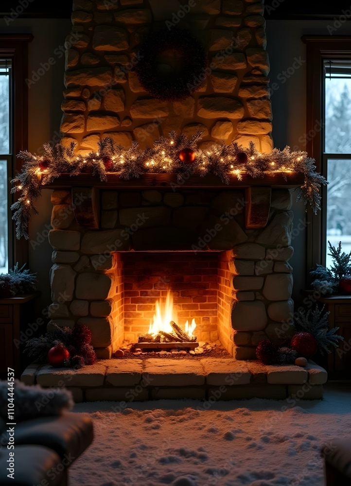 A cozy fireplace with a mantel decorated with  Christmas ornaments and  candles, in front of a  snowy winter landscape visible through a  window, a christmas present near the fireplace