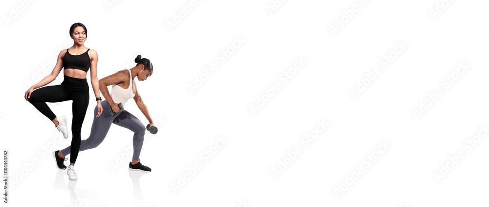 Two individuals perform fitness routines in a bright gym space. One demonstrates a leg raise while the other lifts weights, showcasing a focus on health and strength training. Two individuals perform fitness routines in a bright gym space. One demonstrates a leg raise while the other lifts weights, showcasing a focus on health and strength training.