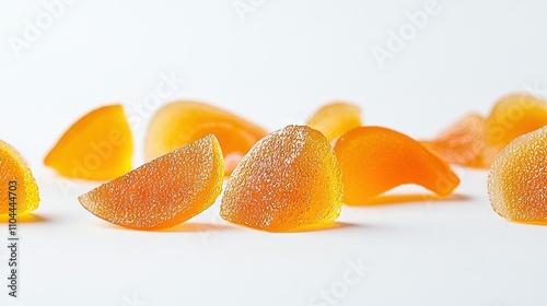   A collection of orange peels positioned atop a white countertop alongside an amassment of orange peels photo