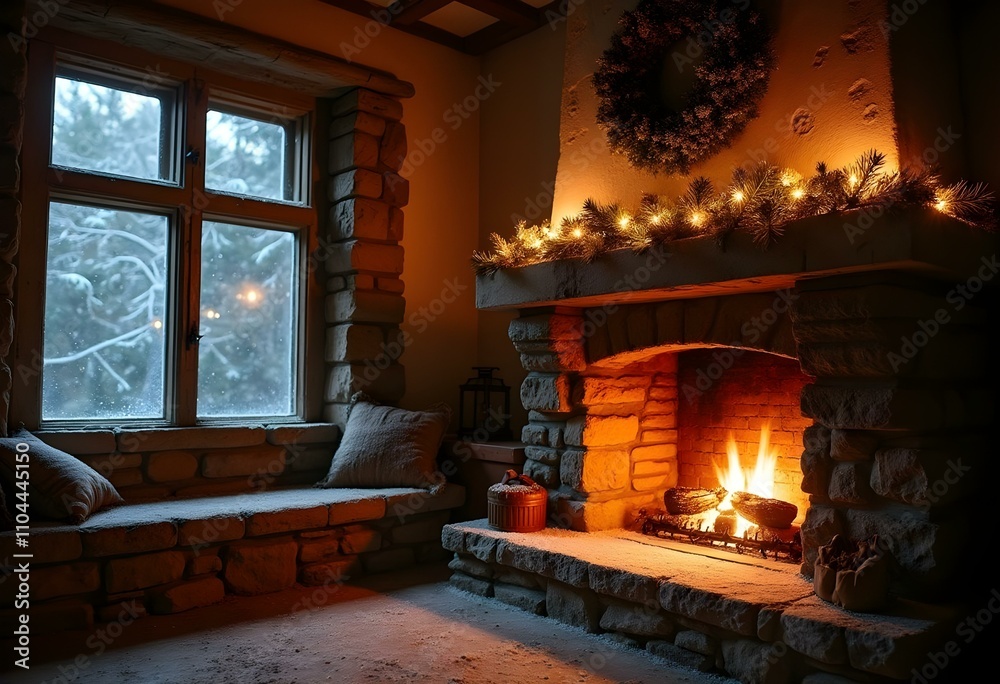 A cozy fireplace with a mantel decorated with Christmas ornaments and candles, in front of a snowy winter landscape visible through a window, a christmas present near the fireplace A cozy fireplace with a mantel decorated with Christmas ornaments and candles, in front of a snowy winter landscape visible through a window, a christmas present near the fireplace