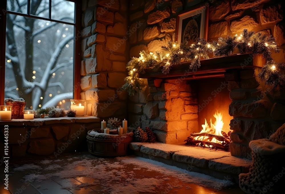 A cozy fireplace with a mantel decorated with Christmas ornaments and candles, in front of a snowy winter landscape visible through a window, a christmas present near the fireplace A cozy fireplace with a mantel decorated with Christmas ornaments and candles, in front of a snowy winter landscape visible through a window, a christmas present near the fireplace