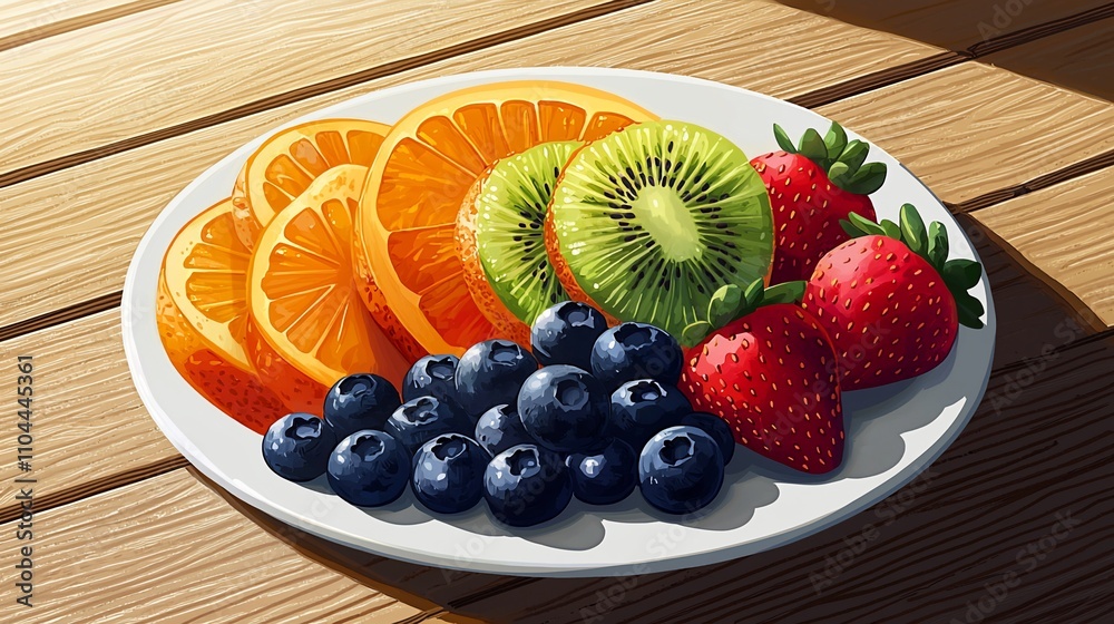 Fresh fruit platter with oranges, kiwi, strawberries, and blueberries on a wooden table in sunlight.