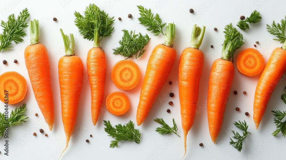 Vibrant carrots arranged neatly with green tops and sliced pieces on a light background, ideal for food-related content, nutrition articles, or vegetarian recipes,